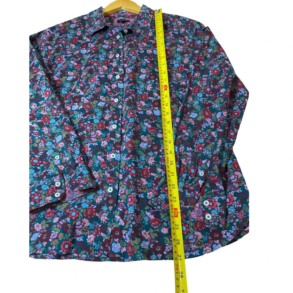 Talbots Womens Floral Button Down Shirt Teal Burgundy Cotton Rayon Size L Fall